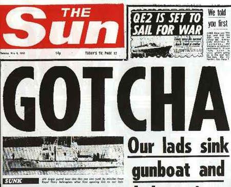 The Sun headline Falklands War 1982